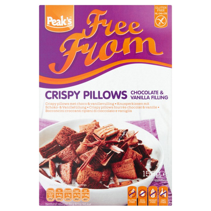 Peak&amp;#x27;s Free From Crispy Pillows met Choco &amp;amp; Vanillevulling 150g