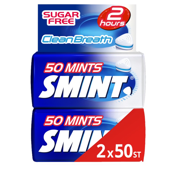 Smint Clean Breath Peppermint Pepermunt Suikervrij 2 Blikjes 50 stuks Keelpastille