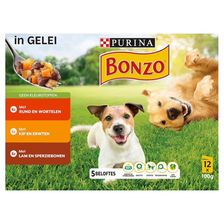 BONZO Hondenvoer nat met Rund, Kip of Lam in Gelei 12x100g