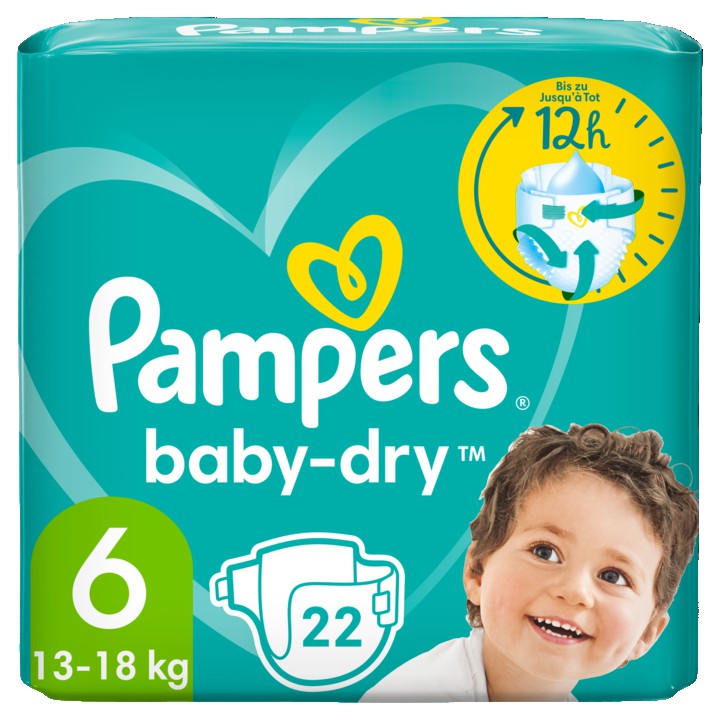 Pampers Baby-Dry Maat 6, 22 Luiers, Tot 12 Uur Bescherming, 13kg-18kg