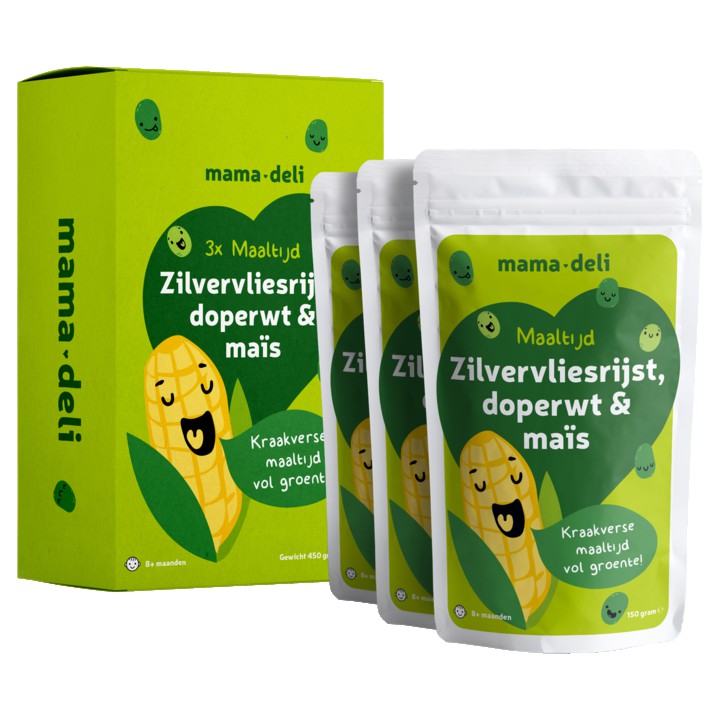 Mama Deli Maaltijd zilvervliesrijst doperwt &amp;amp; mais 8+ maanden 3 x 150g