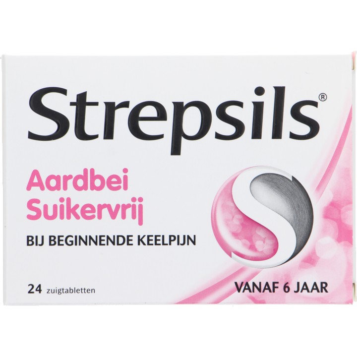 Strepsils Aardbei suikervrij zuigtabletten bij keelpijn, 24 stuks