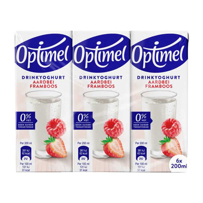 Optimel Drinkyoghurt Aardbei Framboos 0% Vet 6 x 200 ml Krimpverpakking