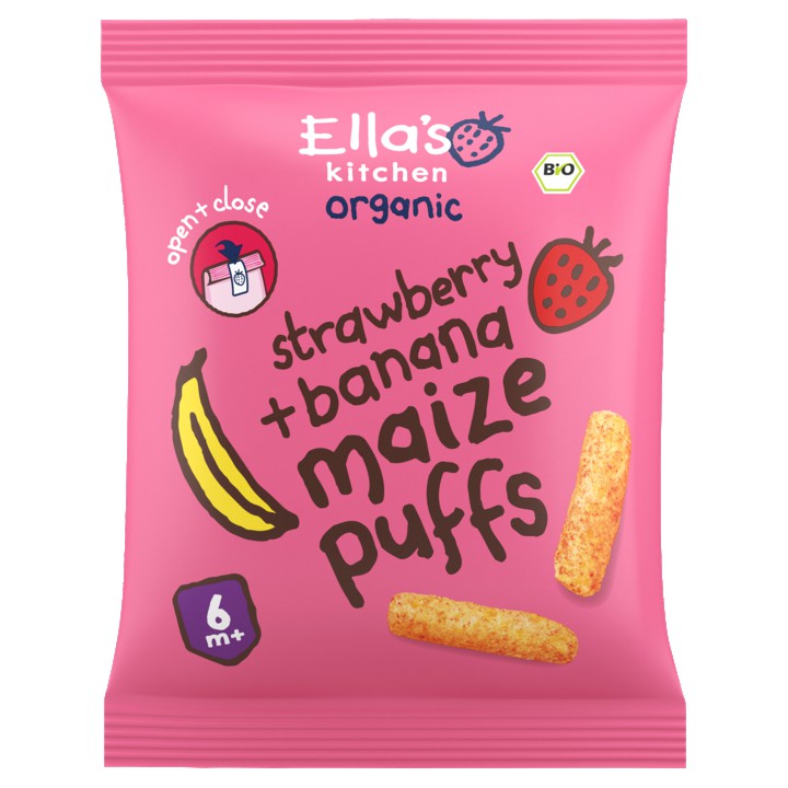 Ella&amp;#x27;s Kitchen Maize puffs aardbei + banaan 6+ biologisch 20g