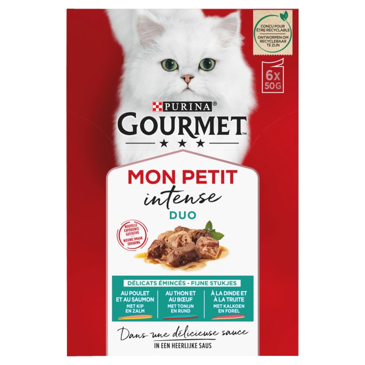 PURINA&amp;reg; Gourmet&amp;reg; Mon Petit Intense DUO Fijne stukjes met Kip en Zalm, Tonijn en Rund, met Kalkoen en Forel 6 x 50g