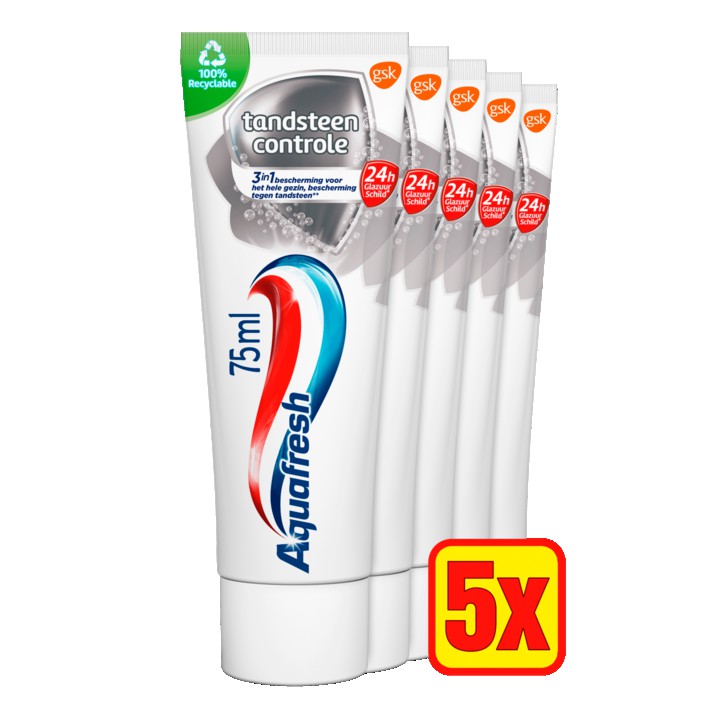 Aquafresh Tandsteen Controle Tandpasta voor gezonde tanden voordeelverpakking 5x75ml, recyclebare plastic tube en dop