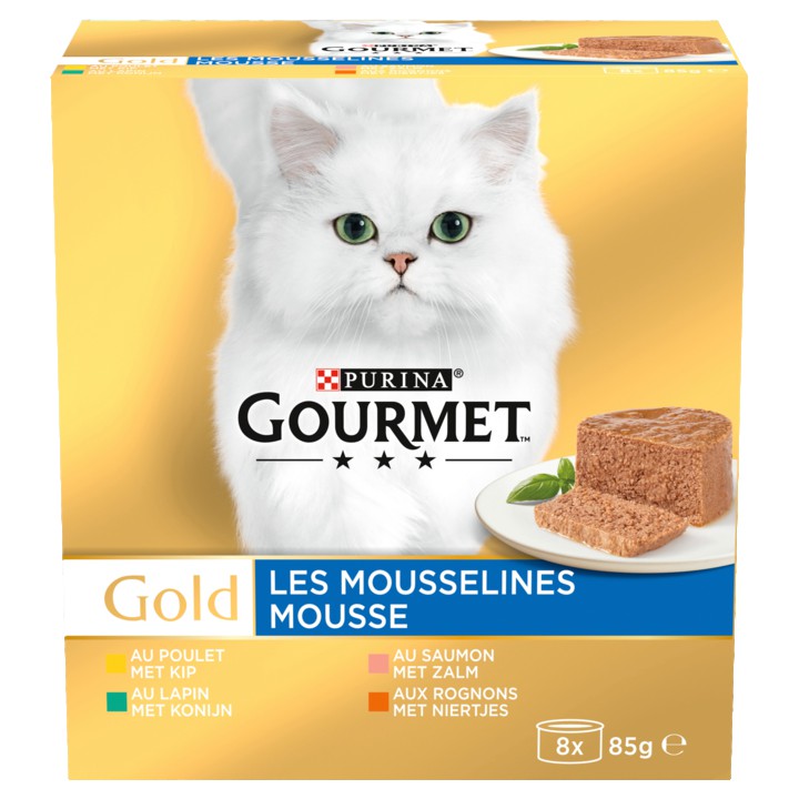 Gourmet Gold Mousse Mix Kattenvoer natvoer met Kip, Zalm, Niertjes en Konijn