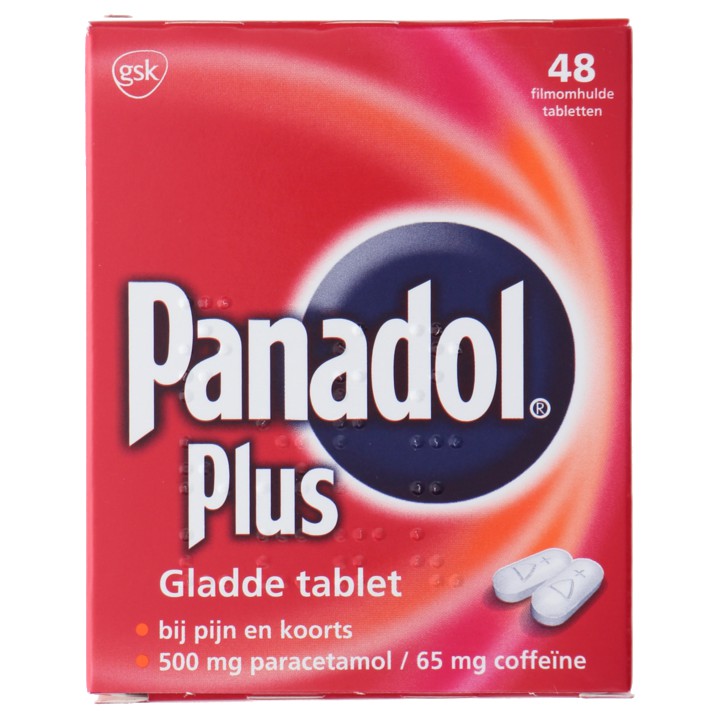 Panadol Plus gladde, pijnstillende tabletten 500 mg/ 65 mg, 48 stuks