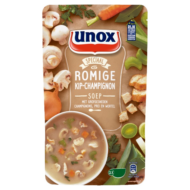 Unox Romige Kip Champignon Soep met Grofgesneden Champignons, Prei en Wortel 570ml