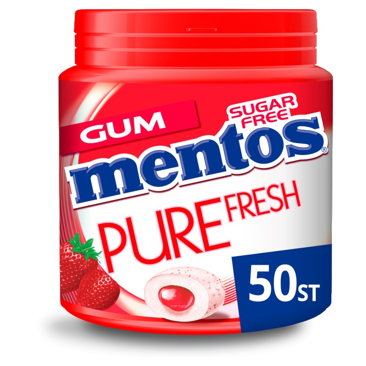 Mentos Strawberry Aardbei Kauwgom fruit Suikervrij Pot 50 stuks Pure Fresh