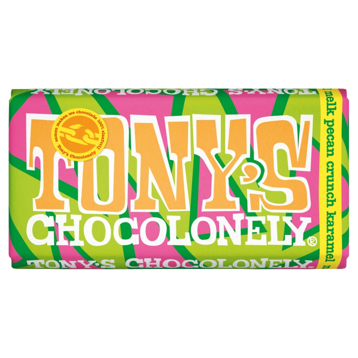 Tony&amp;#x27;s Chocolonely Melkchocolade reep 32% crunch pecan karamel 180g