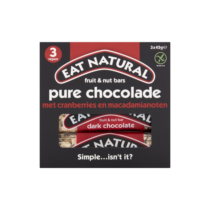 Eat Natural Fruit &amp;amp; Nut Bars Pure Chocolade met Cranberries en Macadamianoten 3 x 45g