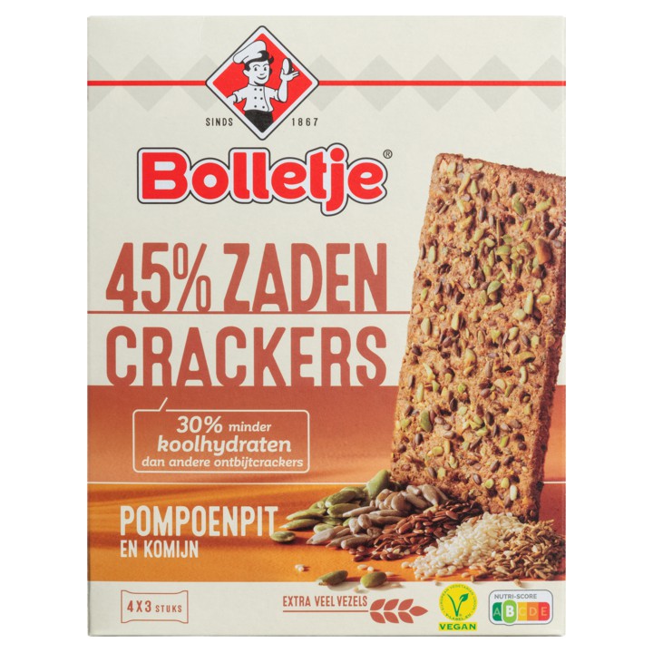 Bolletje 45% Zaden Crackers Pompoenpit en Komijn 4 x 3 Stuks 265g