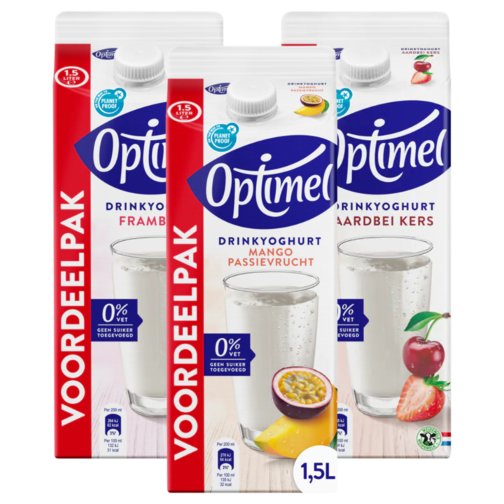 Optimel Drinkyoghurt Smaakvariatie &amp;ndash; Aardbei, Framboos, Mango-passievrucht 4,5L