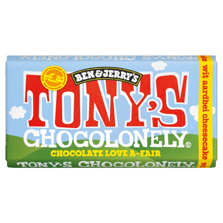 Tony&amp;#x27;s Chocolonely reep Witte Chocolade Strawberry Cheesecake, 180g