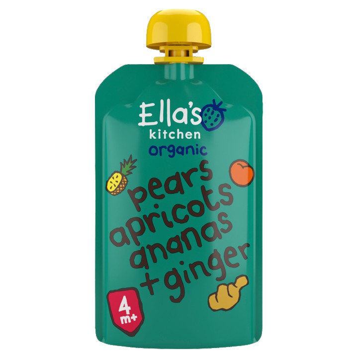 Ella&amp;#x27;s Kitchen Peer, abrikoos, ananas + gember 4+ biologisch 120g