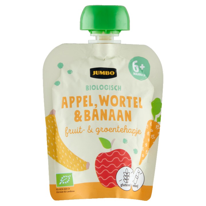 Jumbo Biologisch Fruit- &amp;amp; Groentehapje 6+ Maanden - Appel, Wortel &amp;amp; Banaan 90g