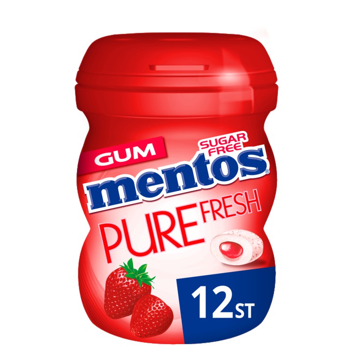 Mentos Strawberry Aardbei Kauwgom fruit Suikervrij Pot 12 stuks Pure Fresh