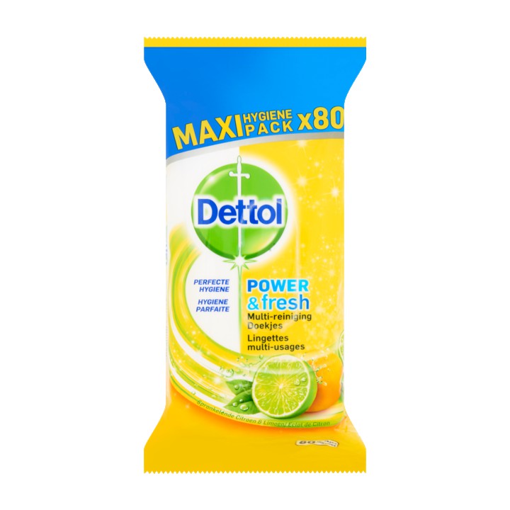 Dettol Power &amp;amp; Fresh Multi-Reiniging Doekjes Sprankelende Citroen &amp;amp; Limoen Maxi Pack 80 Stuks