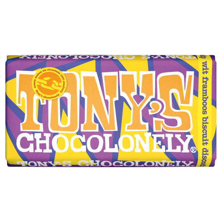 Tony&amp;#x27;s Chocolonely Witte Chocolade Reep Framboos Biscuitdiscodip 180g