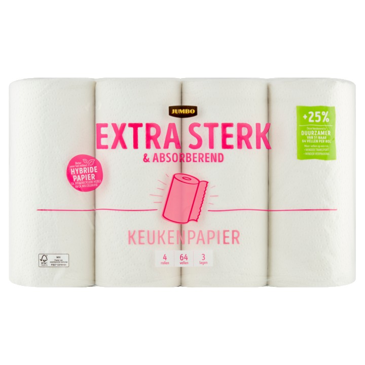 Jumbo Keukenpapier Extra Sterk &amp;amp; Absorberend 3 Lagen 4 Rollen