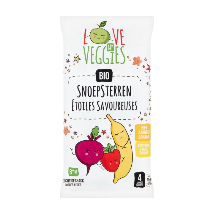 Love My Veggies Snoepsterren Bio Biet Aardbei Banaan 8+ Maanden 4 Stuks 60g