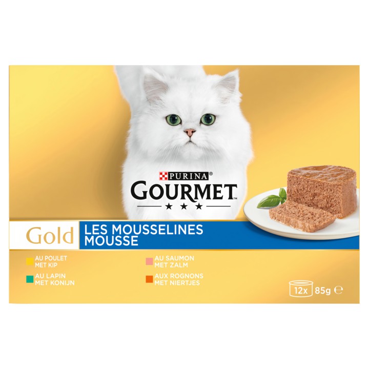 Gourmet Gold Mousse Kattenvoer nat met Kip, Zalm, Niertjes en Konijn