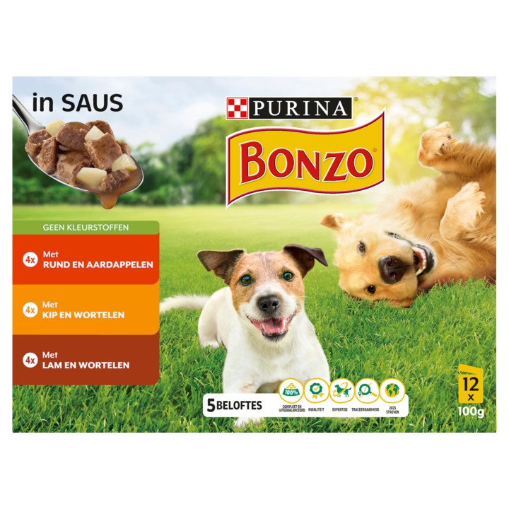 BONZO Hondenvoer nat met Rund, Kip of Lam in Saus  12x100g