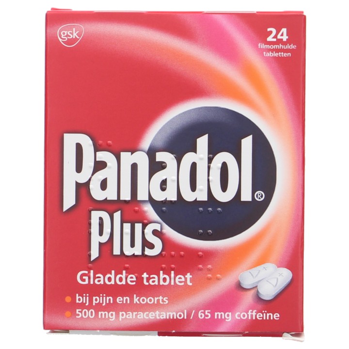 Panadol Plus gladde, pijnstillende tabletten 500 mg/ 65 mg, 24 stuks