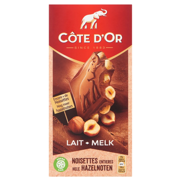 C&amp;ocirc;te d&amp;#x27;Or Bloc chocolade reep Melk Hele Hazelnoten 180g