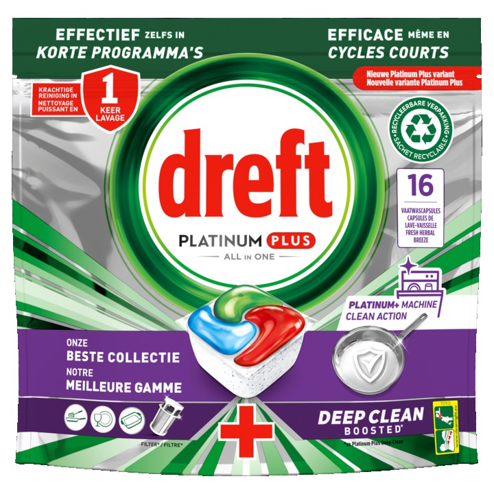 Dreft Platinum Plus All In One-vaatwastabletten Machine Clean Action