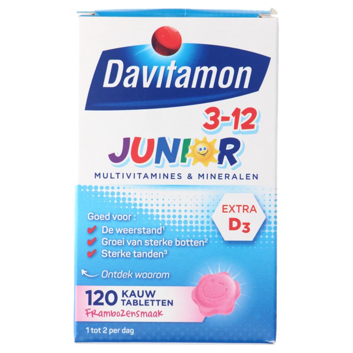 Davitamon Junior 3-12 kauwvitamines framboos, 120 stuks