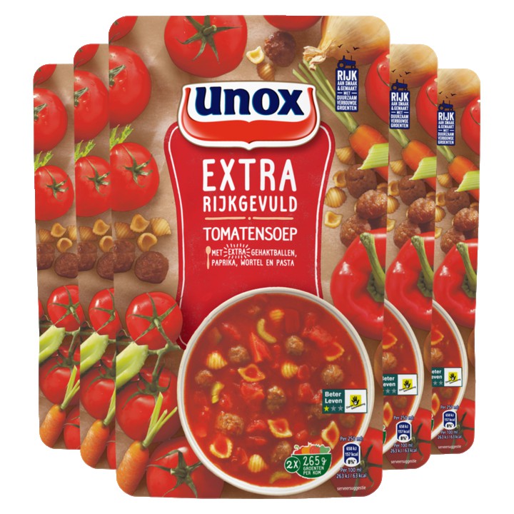 Unox Soep In Zak Maaltijdsoep Tomatensoep met Extra Gehaktballen Rijk aan Smaak en Groenten 5 x 570ml